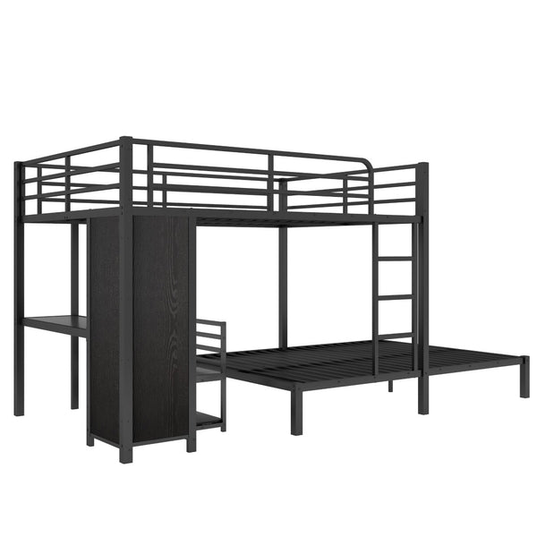 English Elm Queen Over Queen Bunk Bed Frame With Desk, Storage Chairs & Wardrobe – Space-Saving Black Design W1580S00110-GIGA