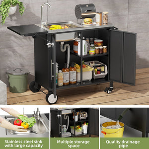 English Elm Outdoor Stainless Steel Grill Cart with Sink Foldable Top and Lockable Wheels W3190P426842