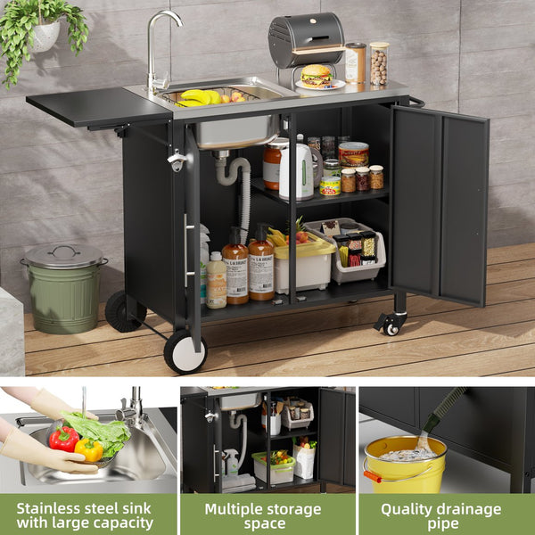 English Elm Outdoor Stainless Steel Grill Cart with Sink Foldable Top and Lockable Wheels W3190P426842