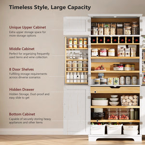 English Elm K&k Farmhouse Pantry Cabinet Tall Freestanding Kitchen Storage with Drawers Shelves White N707P356567W