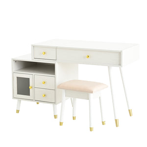 English Elm 3-in-1 Vanity Desk with LED Flip Mirror, Compact Makeup/Dressing Table with Storage Drawers & Stool White N844P291656A
