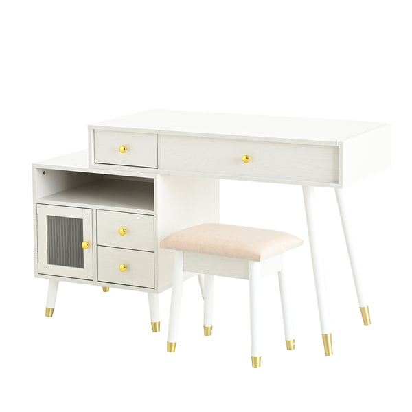 English Elm 3-in-1 Vanity Desk with LED Flip Mirror, Compact Makeup/Dressing Table with Storage Drawers & Stool White N844P291656A