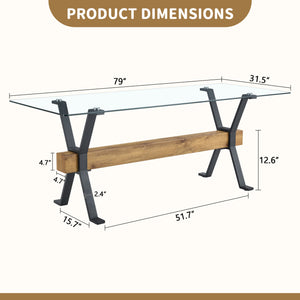 English Elm Elegant Transparent Tempered Glass Dining Table 79"x31.5" with X-Frame Black Metal Legs, Sleek MDF Beam, Seats 6-10 W1151S03586