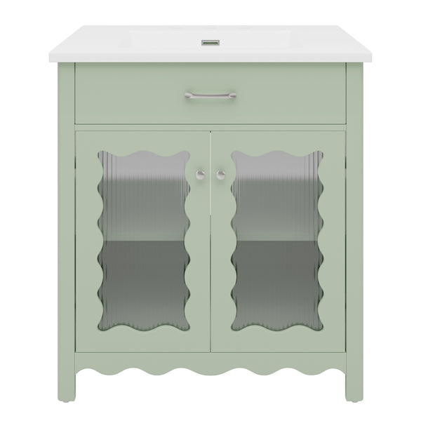 English Elm Christopher Knight Home® - 30 Inch Bathroom Vanity With Tempered Glass Doors, Soft-Close, Modern Green Cabinet & Ceramic Sink N817P299499G