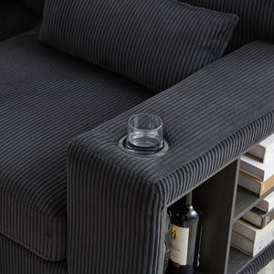 English Elm 102.75*102.75" L-Shaped Modular Sectional Sofa with Corduroy Upholstery, Storage Arm, Cup Holder, 5-Seat Convertible Lounge Black W1926S00052