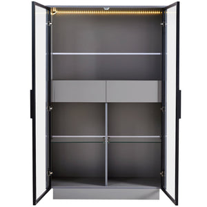 English Elm 60.6'' Contemporary Display Cabinet with LED Lighting, Tempered Glass Doors, Adjustable Shelves & Drawers - Grey, Modern Freestanding Storage for Living Room, Office, Kitchen N845P261799E
