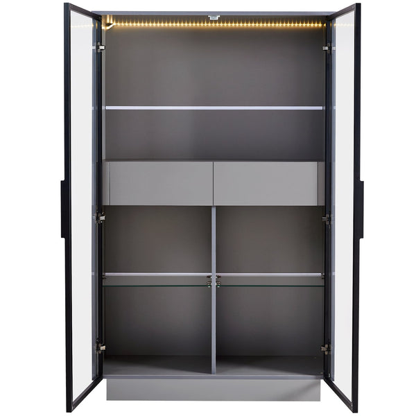 English Elm 60.6'' Contemporary Display Cabinet with LED Lighting, Tempered Glass Doors, Adjustable Shelves & Drawers - Grey, Modern Freestanding Storage for Living Room, Office, Kitchen N845P261799E