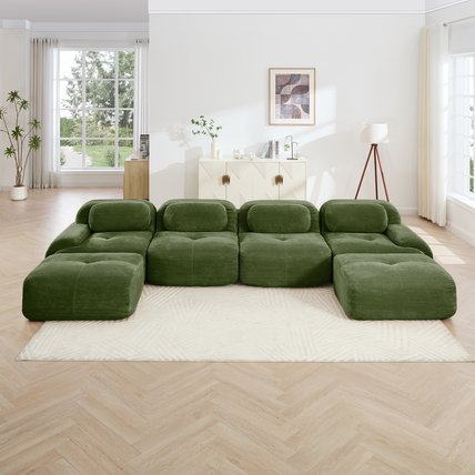 English Elm U-shaped Modular Sectional Sofa Corduroy Upholstered Ergonomic Curved Living Room Seating Olive Green W714S01263