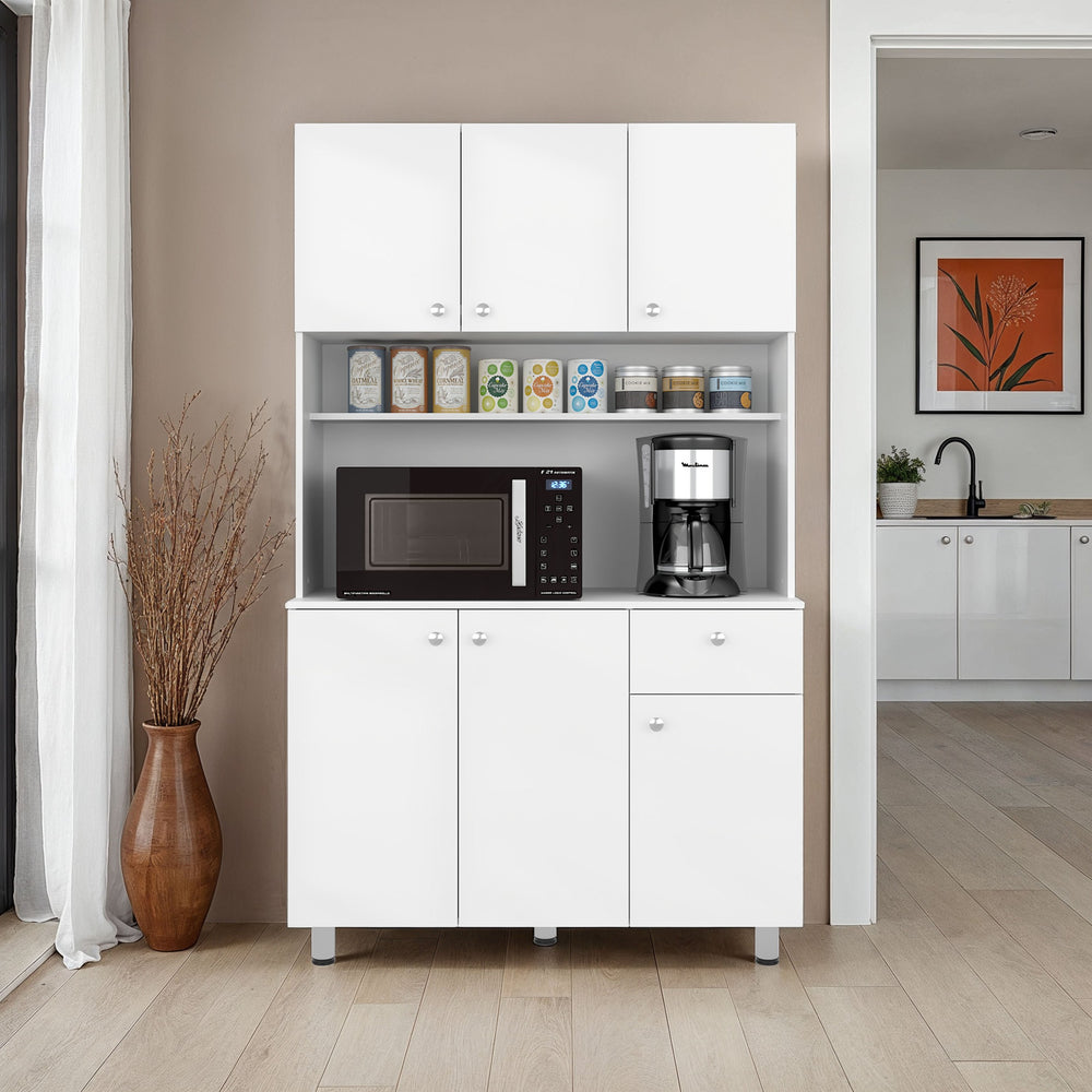 English Elm Lehr Tall White Pantry Cabinet with Six Doors One Drawer and Vertical Kitchen Storage B097S00251