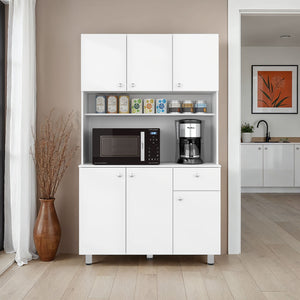 English Elm Lehr Tall White Pantry Cabinet with Six Doors One Drawer and Vertical Kitchen Storage B097S00251