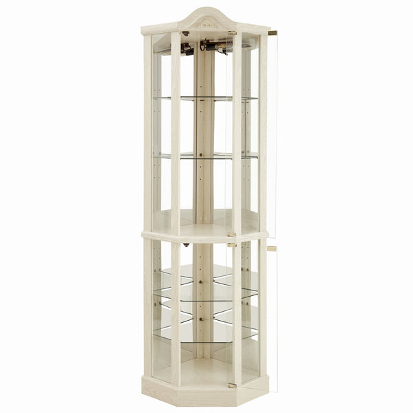 English Elm Lighted Corner Curio Cabinet With Adjustable Shelves, Elegant Carved Design & Integrated Lighting - White W1758P300128