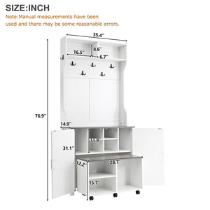 English Elm On-Trend Farmhouse 4-In-1 Hall Tree With Movable Bench, 7 Hooks, Shoe Storage & Barn Doors, White N721P205788K-GIGA