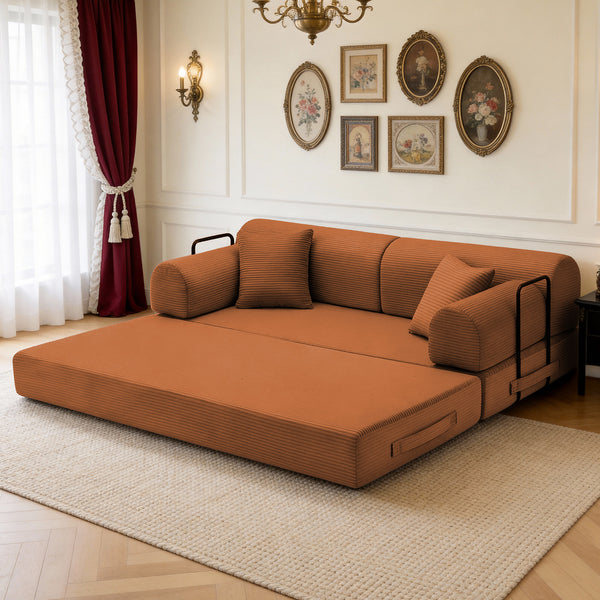 English Elm Convertible Corduroy Floor Sofa Folds Flat as Sleeper Daybed for Studio Living Orange W5532P438817