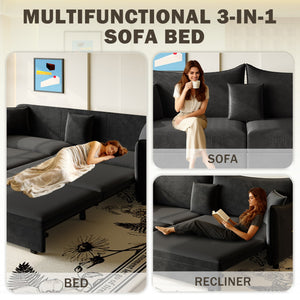 English Elm 81.9" 3-in-1 Convertible Sleeper Sofa Bed with Velvet Upholstery, 3 Pillows & Golden Trim Accent Black W1885S00254