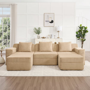 English Elm Modular 3-Seat U-Shape Sectional Sofa - Cloud-Like Comfort With Movable Ottomans & Plush Corduroy Fabric W3041S00319
