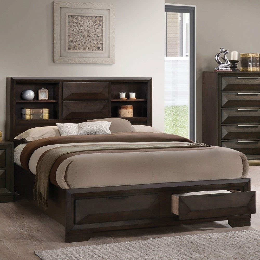 English Elm Contemporary Queen Storage Bed Bookcase Headboard Footboard Drawers Espresso Wood B2741S00895