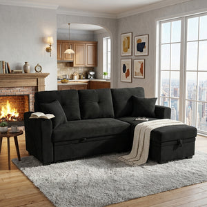 English Elm Sleeper Sectional with Pull Out Bed Reversible Chaise Storage Black Polyester Sofa W5568S00040