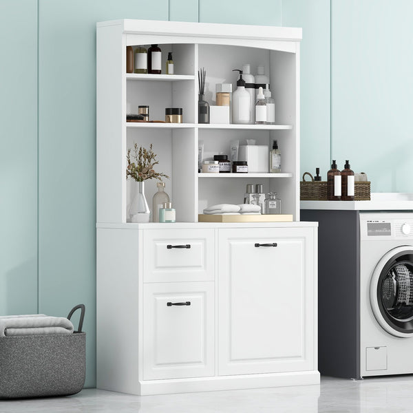 English Elm Bathroom Tall Storage Cabinet with Tilt-Out Hamper, 70.9" Linen Tower, 2 Drawers, Adjustable Shelves, White Finish N725P278420K
