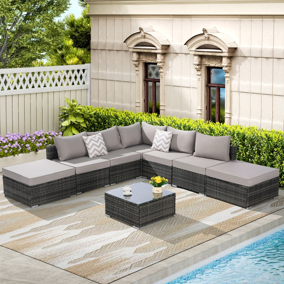English Elm 8 Piece Modular Wicker Sectional Set with Tempered Glass Table for Patio Resort Style Light Gray W874S00056