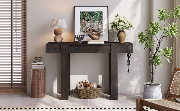 English Elm Trexm Ash Veneer Entryway Console Table Built in Power Outlet Drawer Rubberwood Espresso N715P361518P