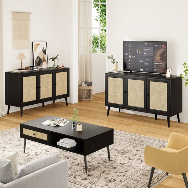 English Elm Sideboard Buffet Cabinet With 3 Rattan Doors - Modern Storage Solution For Entryway & Living Room P2 T3623P380285-GIGA