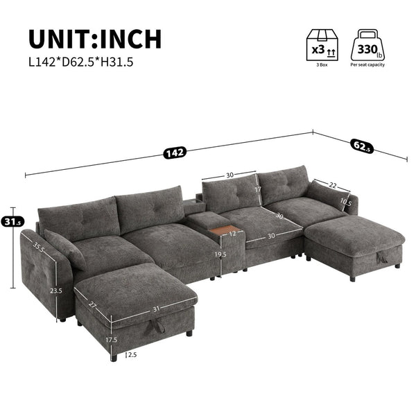 English Elm 142'' Modular Sectional Sofa - 6 Seats, Movable Ottoman, Usb Charging, Chic Chenille Style N723S9777E-GIGA