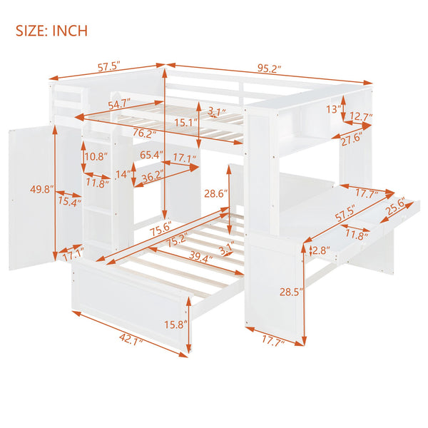 English Elm Full Twin Loft Bed with Desk Wardrobe Shelves Pine Wood Frame Kids Bedroom White LT000821AAK-1