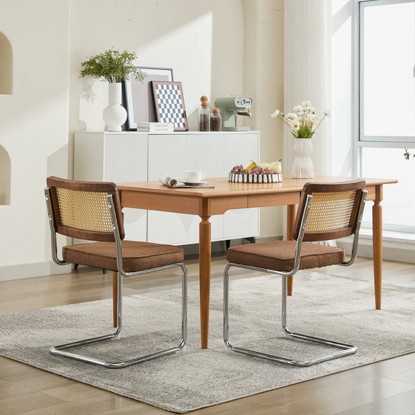 English Elm Mid Velvet Cantilever Dining Chairs Set of 2 — Mid Century Linen Upholstered Rattan Back, Chrome Base, DurableComfort Coffee W1143P342097