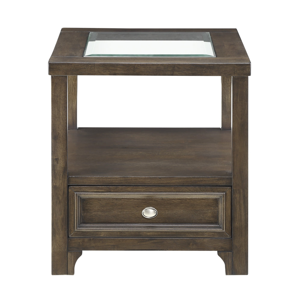 English Elm Modern Birch Veneer End Table with Glass Top Drawer and Open Shelf for Living Rooms B011P460074