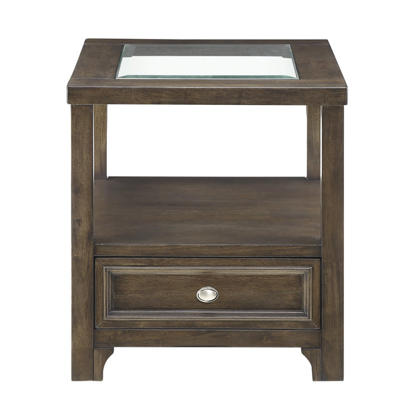 English Elm Modern Birch Veneer End Table with Glass Top Drawer and Open Shelf for Living Rooms B011P460074