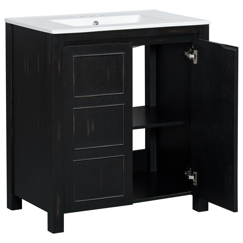 English Elm 30" Rustic Bathroom Vanity Espresso with Ceramic Sink, Soft-Close Doors, Adjustable Shelves, Open-Back Plumbing-Friendly Storage N729P290712P