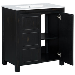 English Elm 30" Rustic Bathroom Vanity Espresso with Ceramic Sink, Soft-Close Doors, Adjustable Shelves, Open-Back Plumbing-Friendly Storage N729P290712P