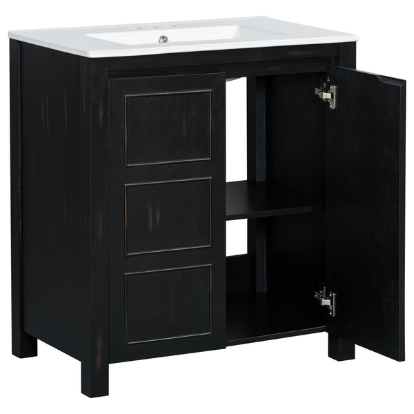 English Elm 30" Rustic Bathroom Vanity Espresso with Ceramic Sink, Soft-Close Doors, Adjustable Shelves, Open-Back Plumbing-Friendly Storage N729P290712P