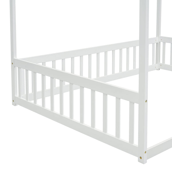 English Elm Full Full Size Canopy Frame Rubber Wood Floor Bed with Fence Guardrails White – Imaginative Kids Retreat, 400 lb Capacity, Malaysian Craftsmanship W504P364861