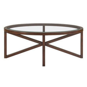 English Elm Modern Round Glass Coffee Table With Solid Wood Base - Stylish Minimalist Design For Living Rooms W487P317847