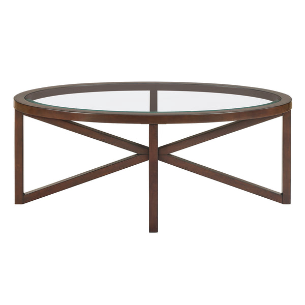 English Elm Modern Round Glass Coffee Table With Solid Wood Base - Stylish Minimalist Design For Living Rooms W487P317847