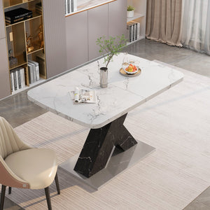 English Elm Modern Rectangle Dining Table - Stretchable White Marble Top With Black X-Leg Design For Stylish Dining W757P242764