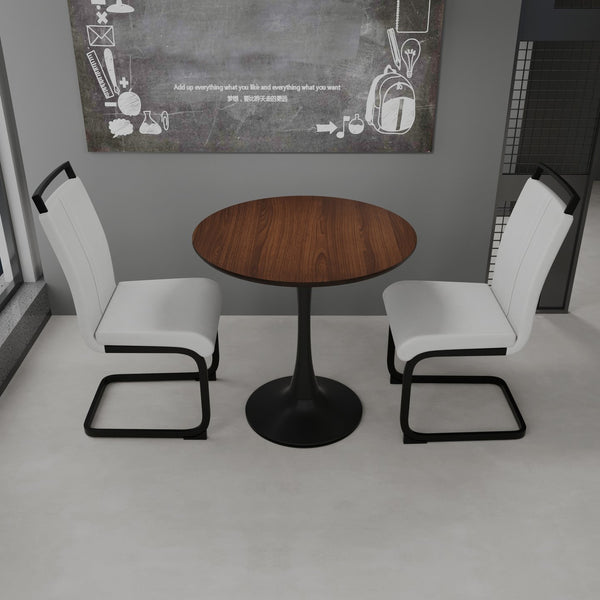 English Elm 31.5" Walnut Tulip Dining Table Set For 2-4 With White Pu Chairs And Black Metal Legs - Space-Saving Elegance W2189S00114