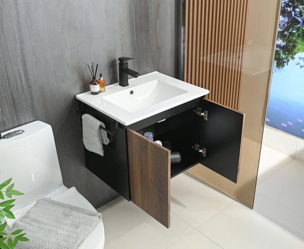 English Elm Goodyo 24" Wall-Mount Floating Bathroom Vanity Cabinet with Soft-Close Doors Stainless Towel Rack Black + Dark Walnut D163120298