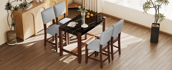 English Elm 5-Piece Counter Height Dining Set with Faux Marble Top and Upholstered Seats, Mid-Century Pub Charm Black+ Gray N752S000086B