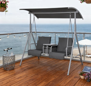 English Elm Patio Freestanding Two Seat Swing with Canopy Cupholders and Hidden Storage Tray T3971P418063