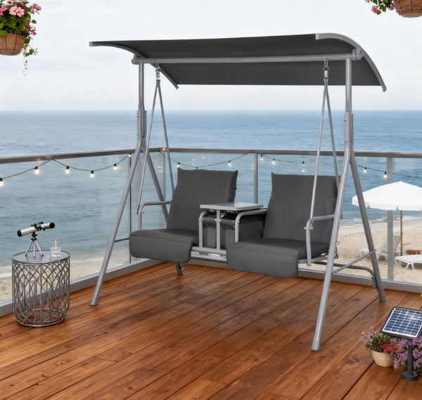 English Elm Patio Freestanding Two Seat Swing with Canopy Cupholders and Hidden Storage Tray T3971P418063