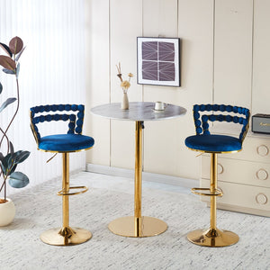 English Elm Modern Glam Pub Set with Marble Top Round Table and Two Adjustable Stools Gold+Blue W234S00135