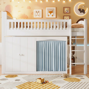 English Elm Twin Loft Bed with Wardrobe Cabinet Led Lighting and Pine Frame for Kids Rooms White N7090002236K