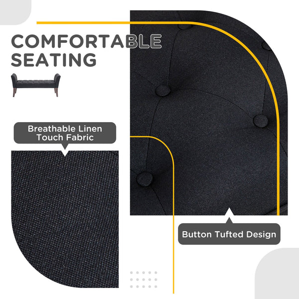 English Elm HOMCOM Tufted Upholstery Bench with Arms — Plush Linen-Feel Seat, Solid Wood Legs, Versatile Entryway seating solution Black W2225P217025