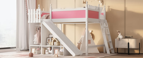 English Elm Twin Loft Bed Solid Pine Frame with Wardrobe Shelving Detachable Slide Kids Room W5305S00021