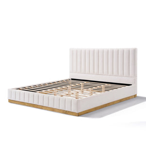 English Elm King Upholstered Bed Linen Channel Stitch Tall Headboard Solid Wood Slatted Base N757K339014I