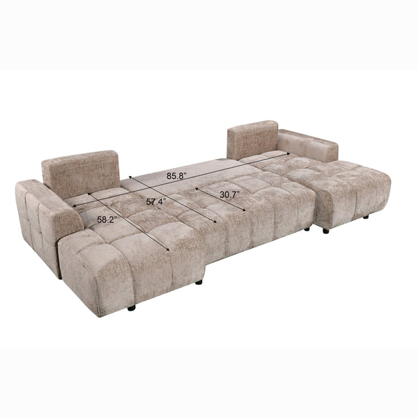 English Elm Oversized Sectional Sleeper Sofa with Pull Out Bed Dual Storage Chaise Four Pillows Light Brown W1417S00227