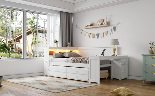 English Elm Full Size Pine Wood Platform Daybed with Led Headboard Desk Storage and Charging White N7090000475K-1