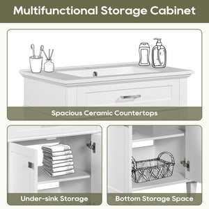 English Elm 30-inch bathroom vanity with ceramic basin, solid wood frame, soft-close doors and adjustable shelves for organized style and lasting durability White N729P173380K